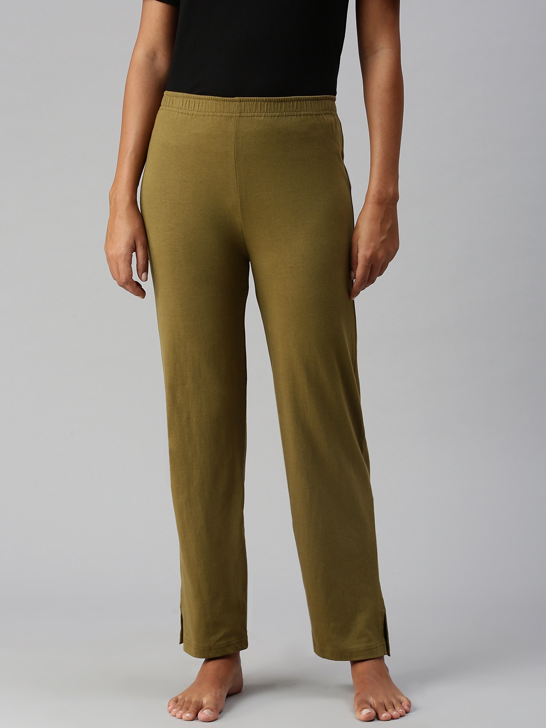 

NOT YET by us Women Olive Green Solid Cotton Lounge Pants