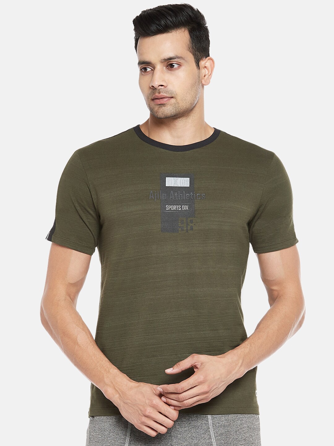

Ajile by Pantaloons Men Olive & Grey Graphic Printed Slim Fit T-shirt