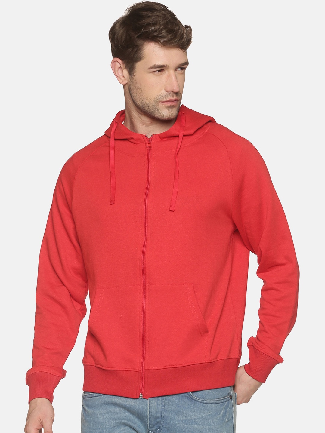 

MASH UNLIMITED Men Red Raglan Sleeves Cotton Hooded Front-Open Sweatshirt