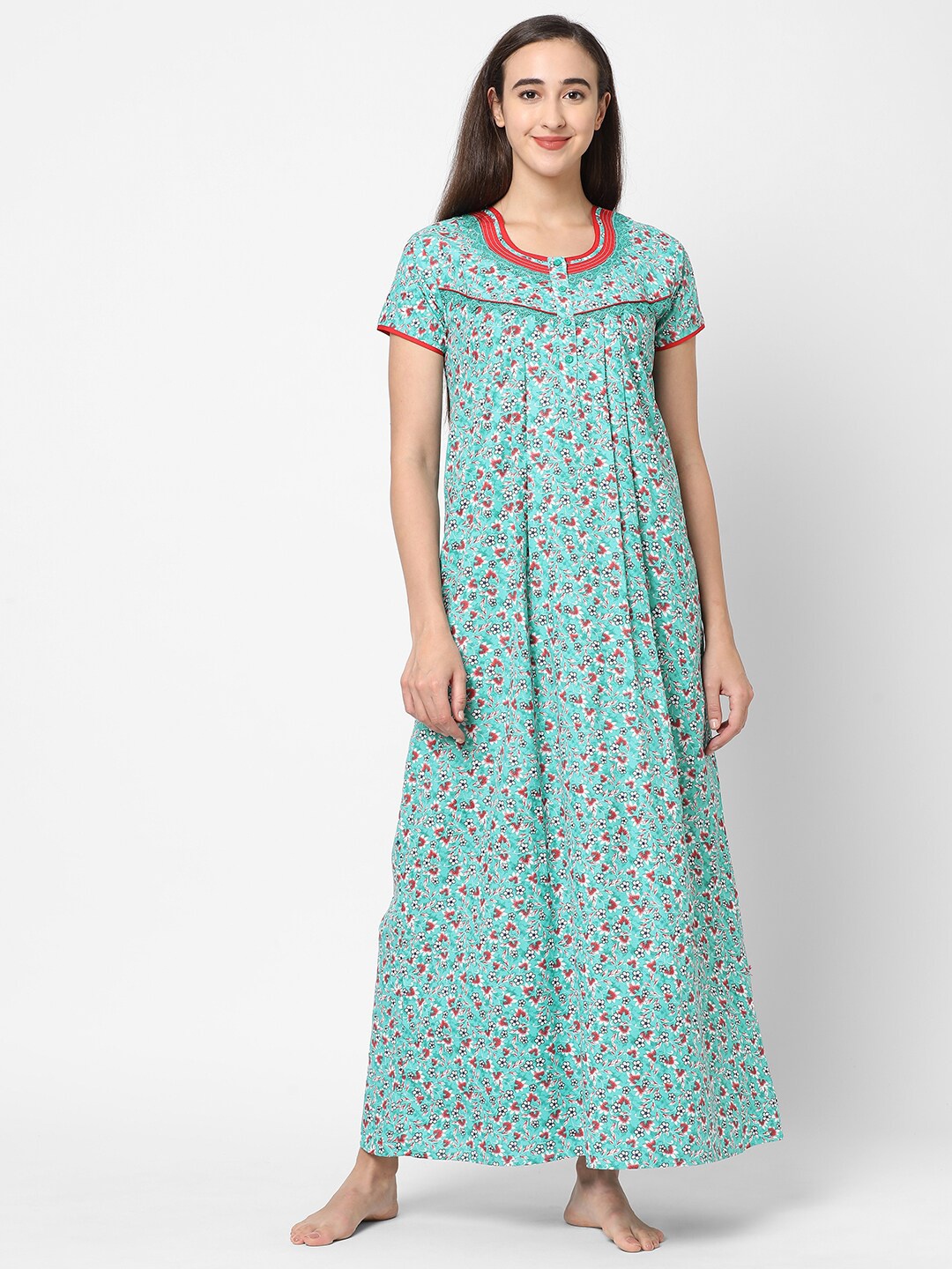 

Sweet Dreams Green & Red Floral Printed Maxi Nightdress