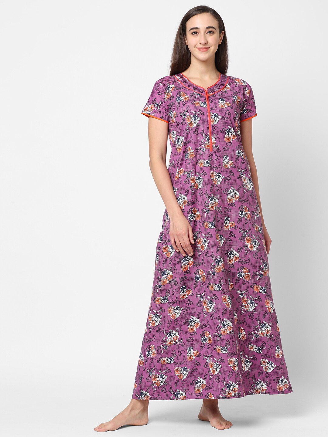 

Sweet Dreams Purple & Orange Floral Printed Maxi Nightdress