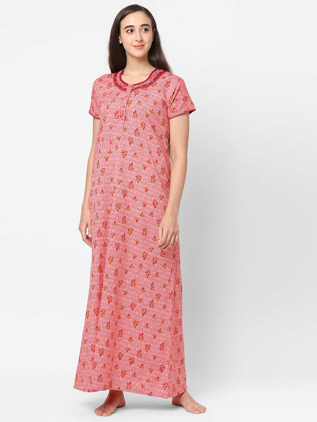 

Sweet Dreams Peach-Coloured & Red Floral Printed Maxi Nightdress