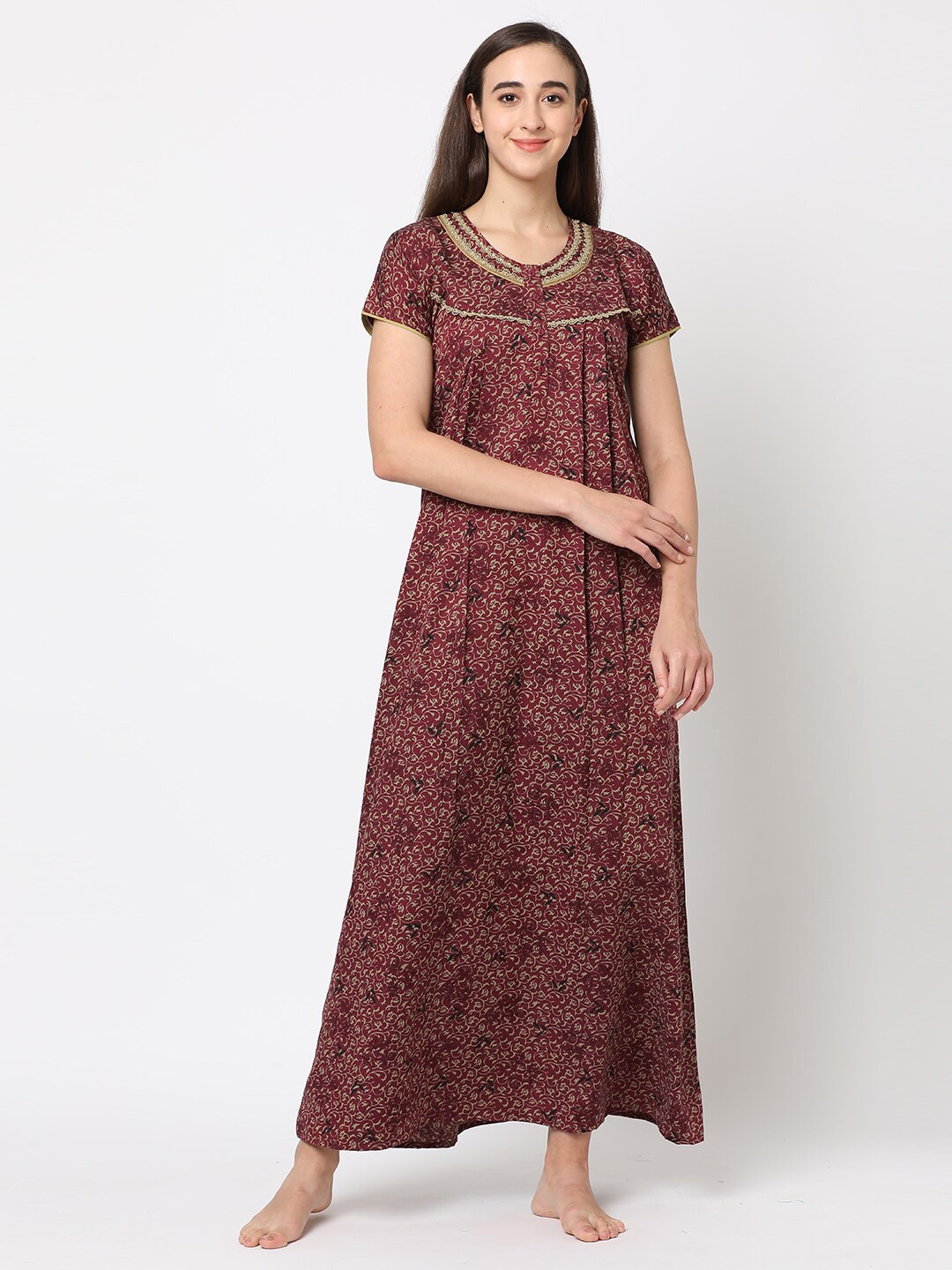 

Sweet Dreams Maroon Printed Maxi Nightdress