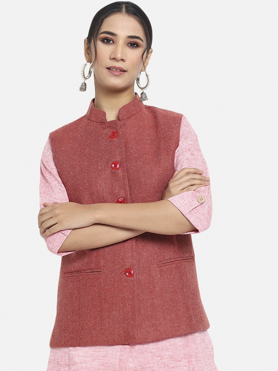 

Vastraa Fusion Women Red Solid Woven Woolen Nehru Jacket