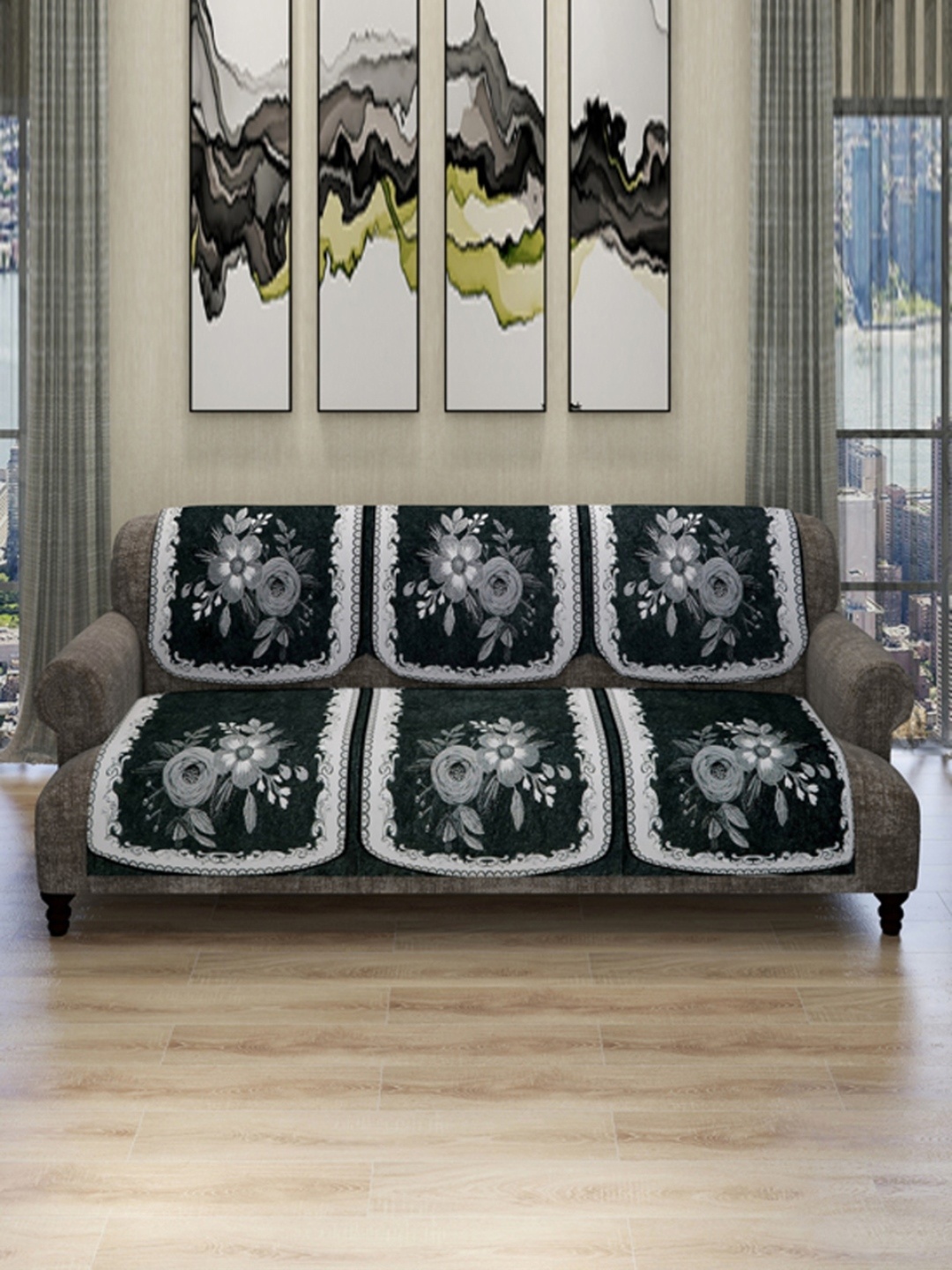 

ROMEE 6 Pcs Grey & White Printed 5-Seater Sofa Covers