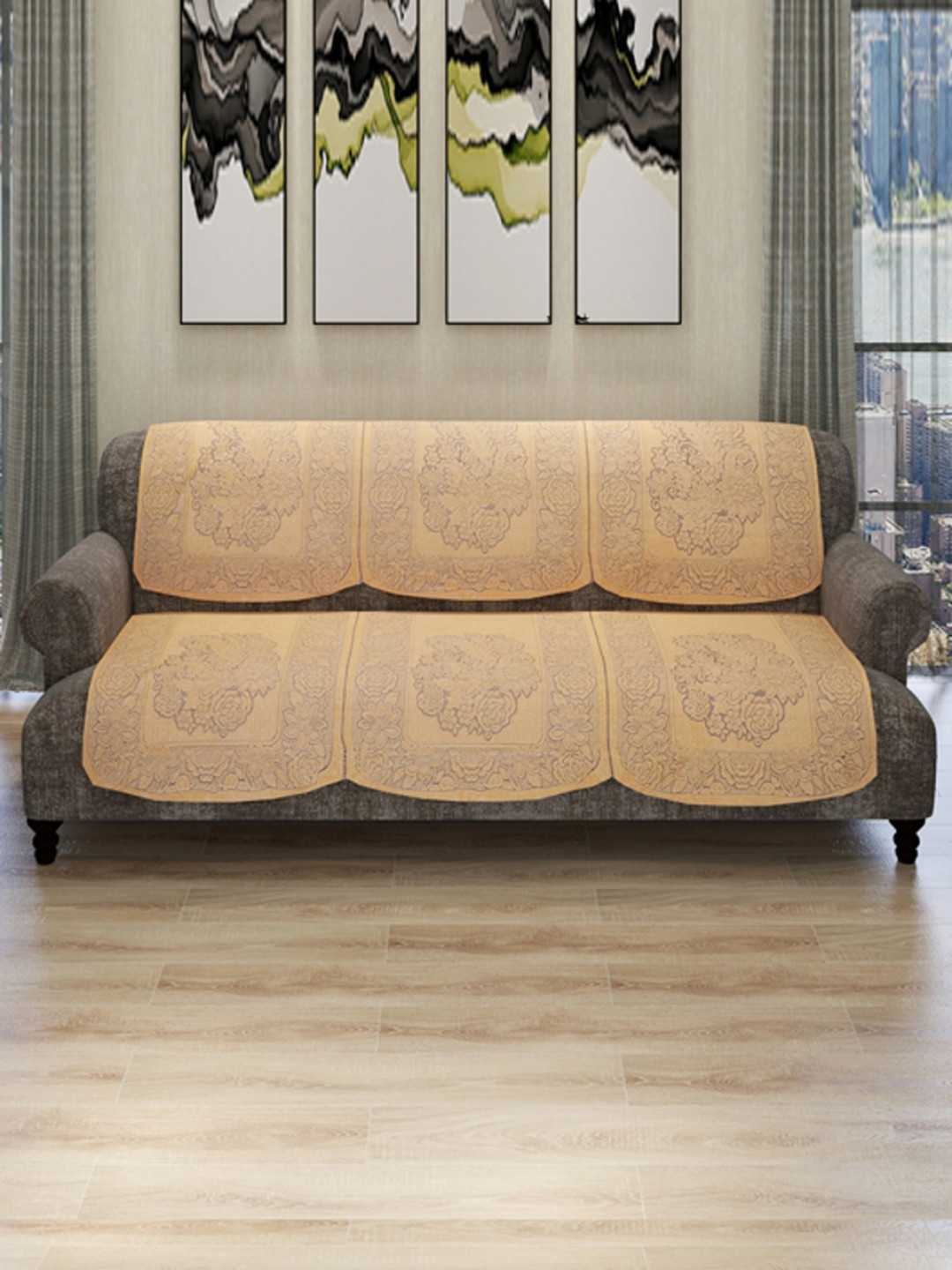 

ROMEE Set Of 6 Beige Floral Design 5-Seater Soft Polyester Velvet Sofa Cover