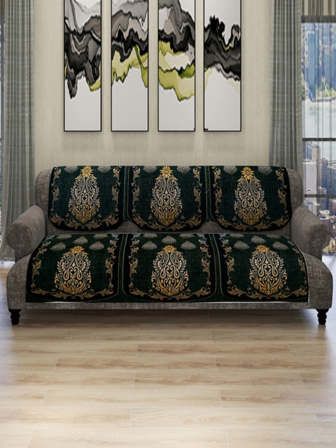 

ROMEE 6 Pieces Green Damask Design Soft Velvet 5-Seater Sofa Cover