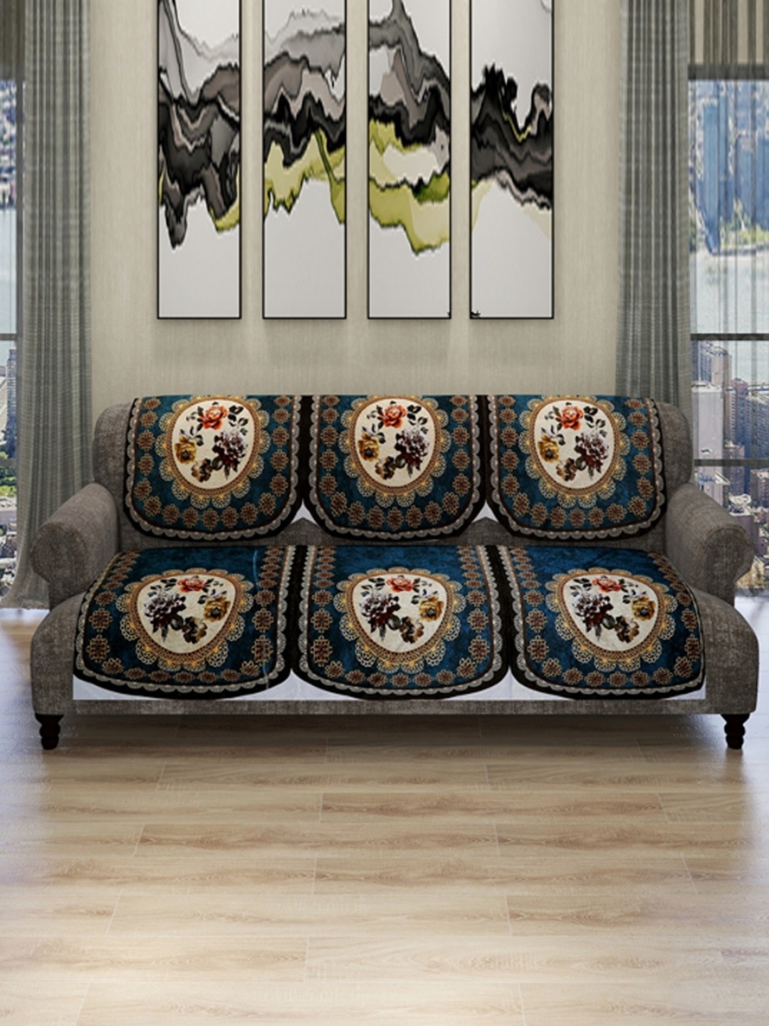 

ROMEE Set Of 6 Blue & White Floral 5-Seater Soft Polyester Velvet Sofa Cover