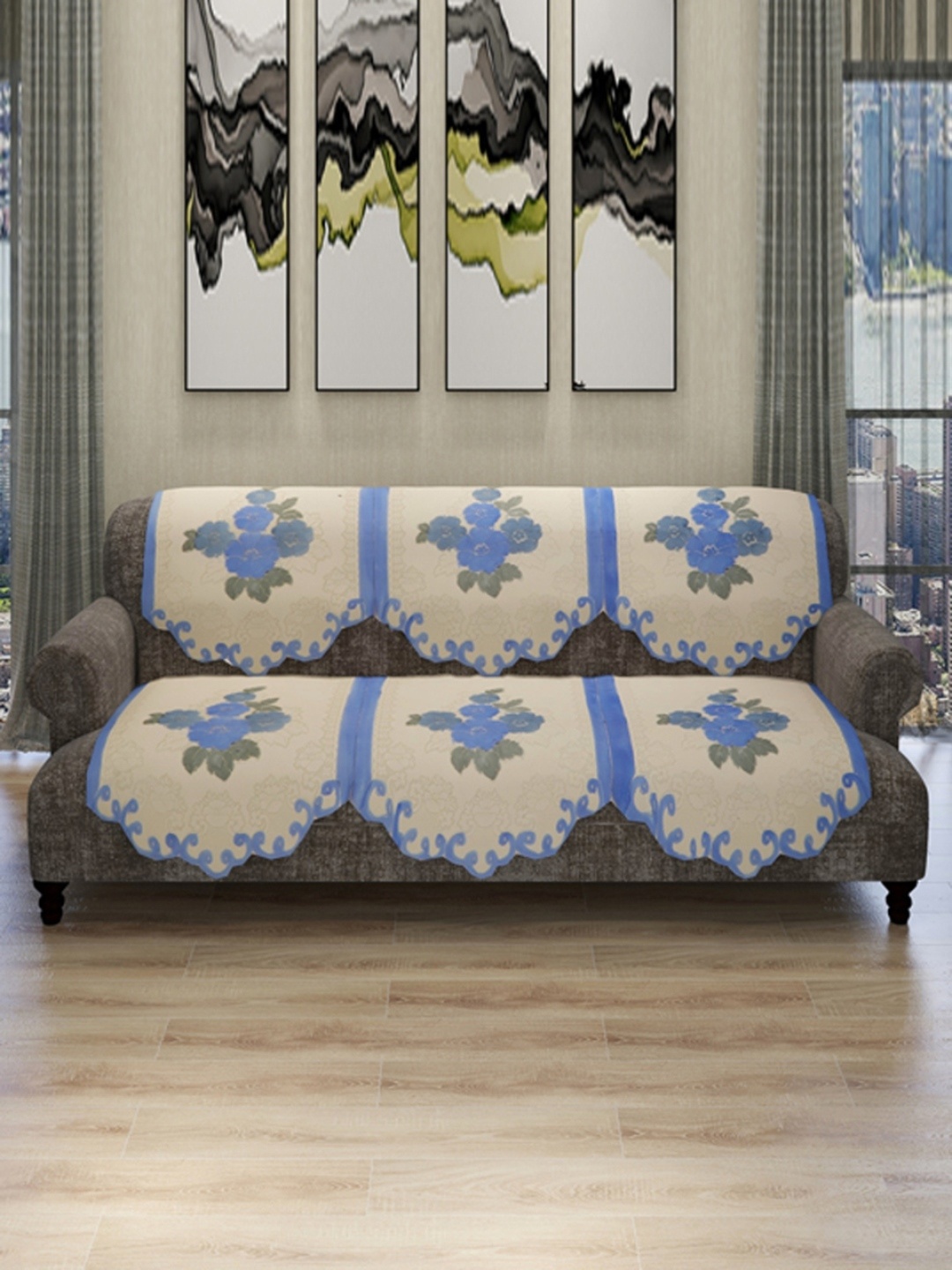 

ROMEE Set Of 6 Cream-Coloured Floral Design 5-Seater Soft Polyester Velvet Sofa Cover