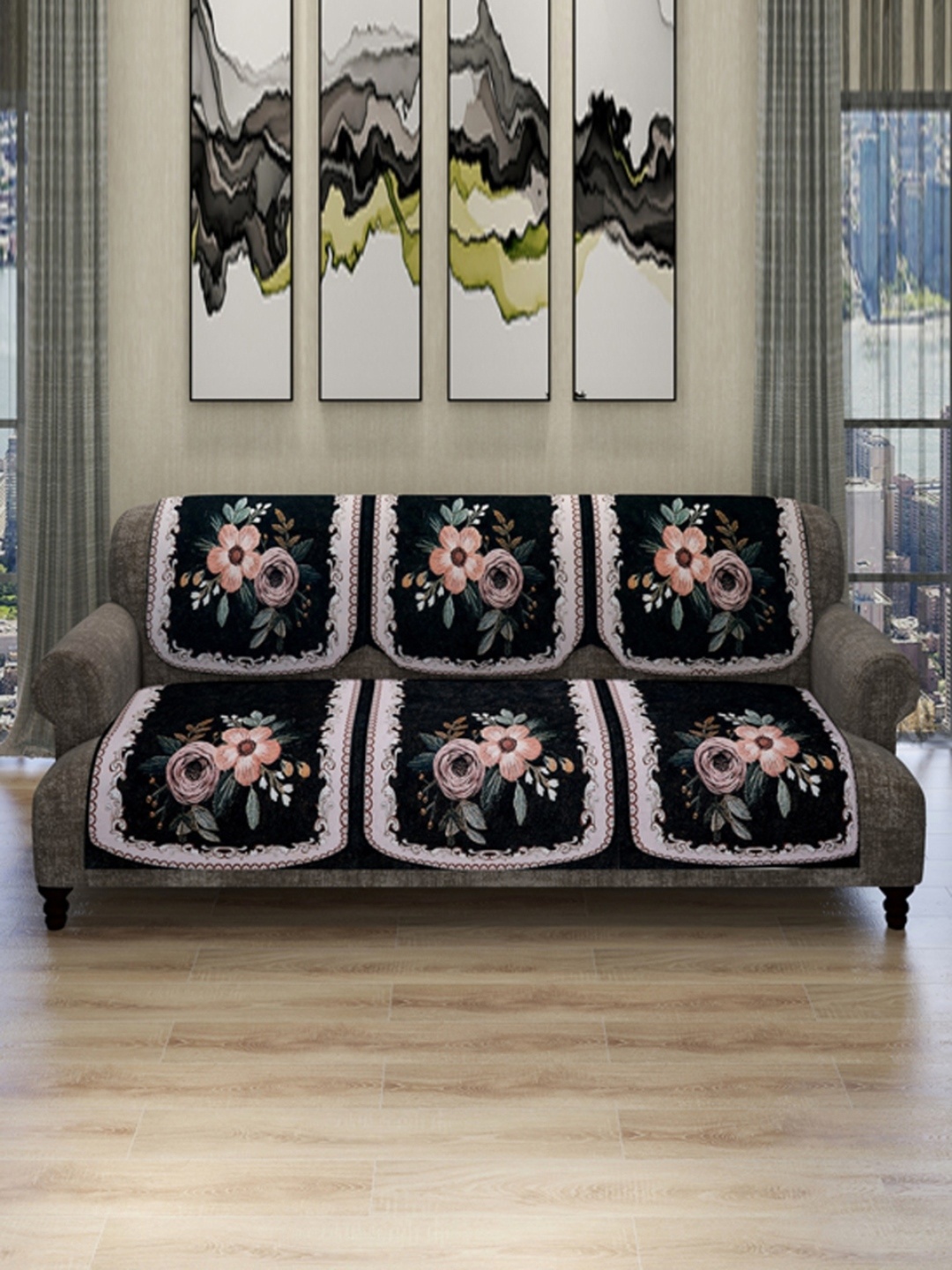

ROMEE 6 Pieces Navy Blue & Coffee Brown Floral Printed Velvet 5-Seater Sofa Cover