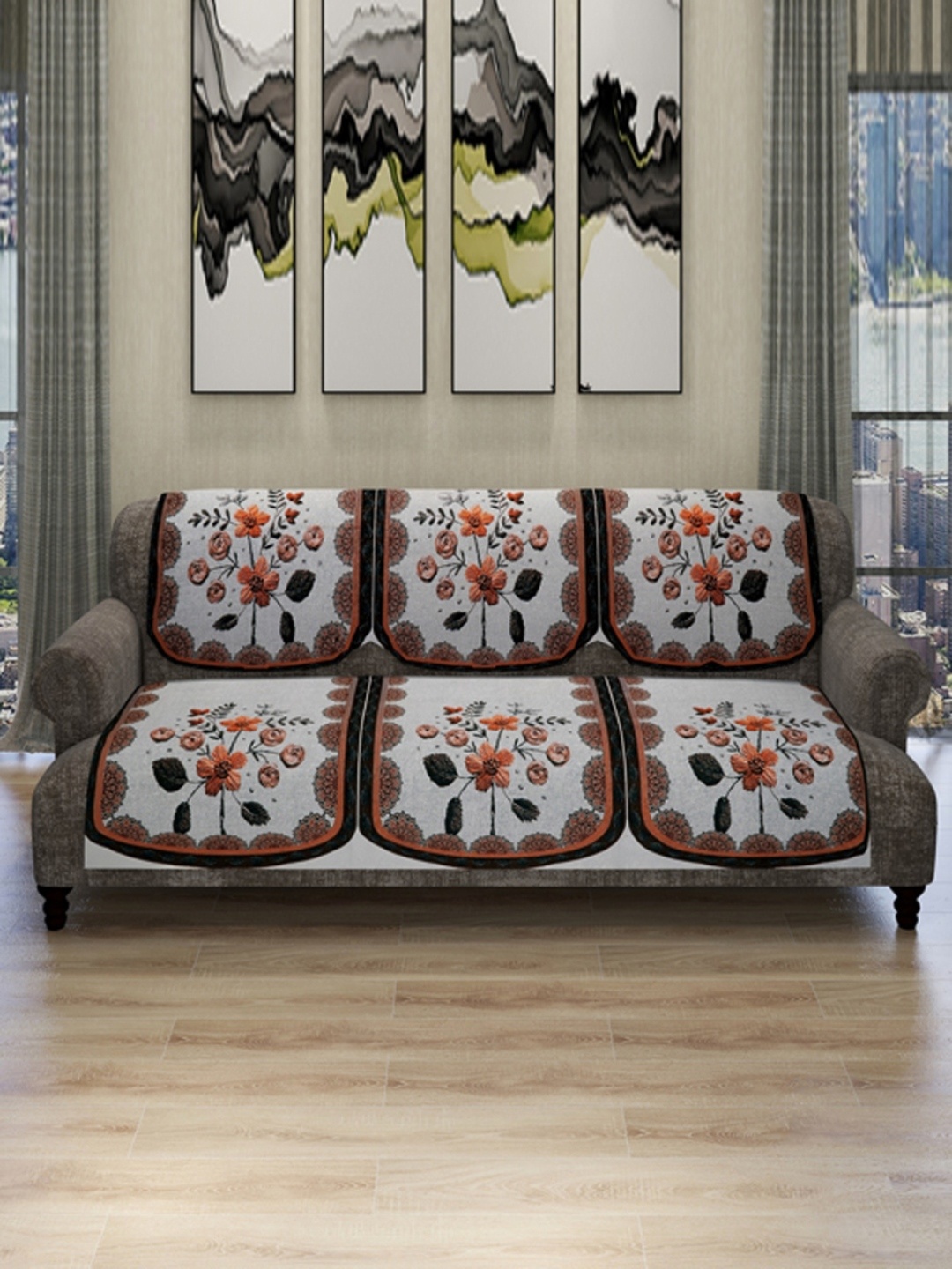 

ROMEE 6 Pieces Silver-Toned Floral Printed 5-Seater Sofa Cover
