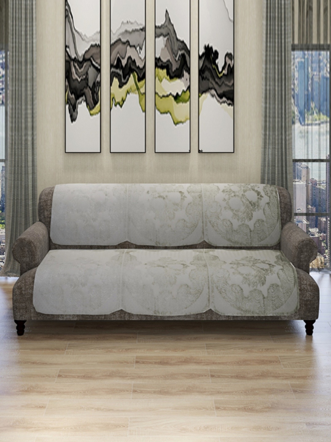 

ROMEE Set Of 6 Floral Silver-Coloured Design 5-Seater Soft Polyester Velvet Sofa Cover