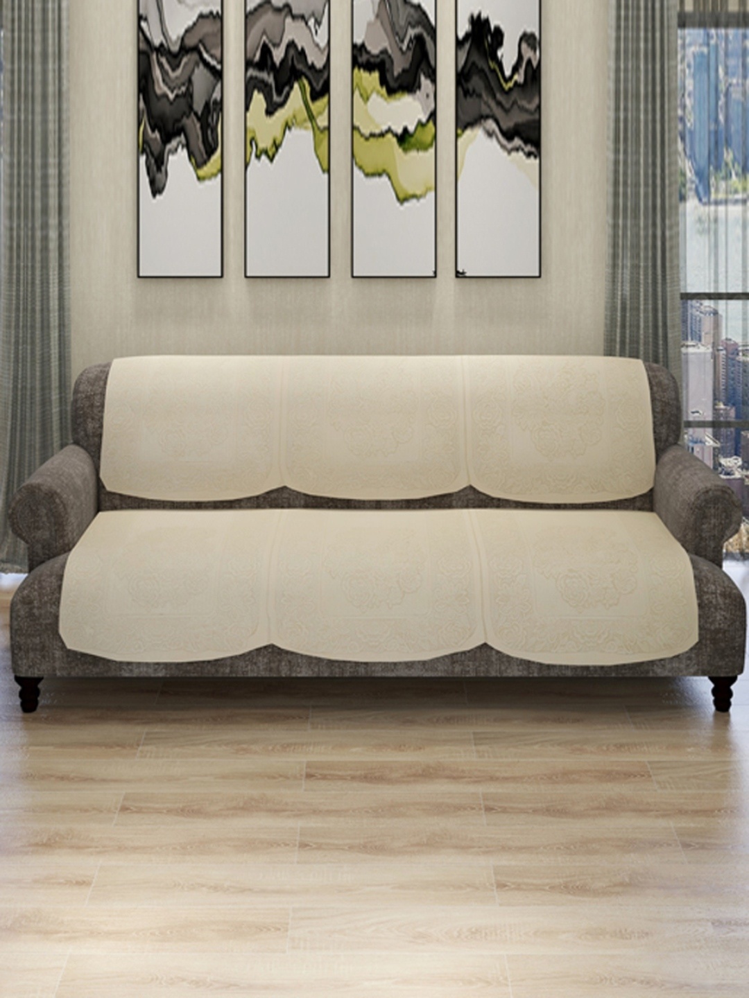 

ROMEE 6 Pieces Cream-Coloured Floral Printed 5-Seater Sofa Cover