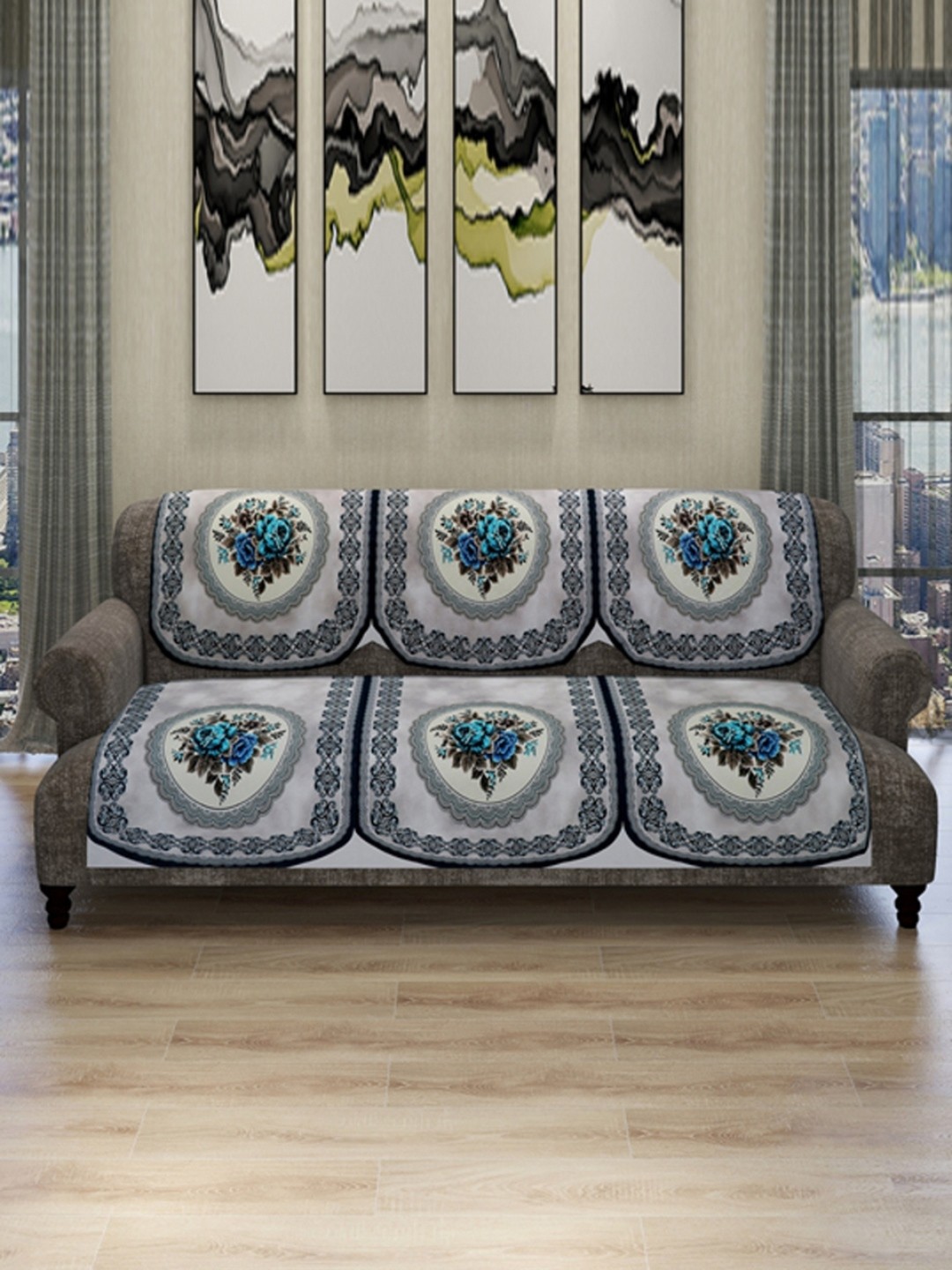 

ROMEE Set Of 6 Blue & White Floral 5-Seater Soft Polyester Velvet Sofa Cover