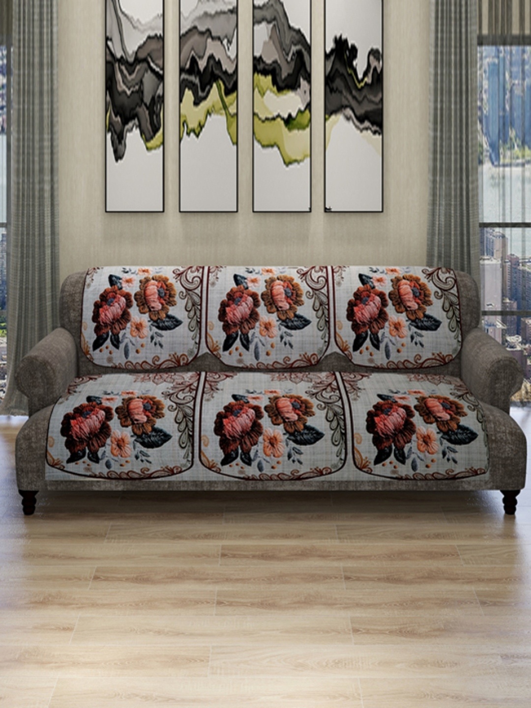 

ROMEE Set Of 6 Off-White & Maroon Floral Design 5-Seater Soft Polyester Velvet Sofa Cover