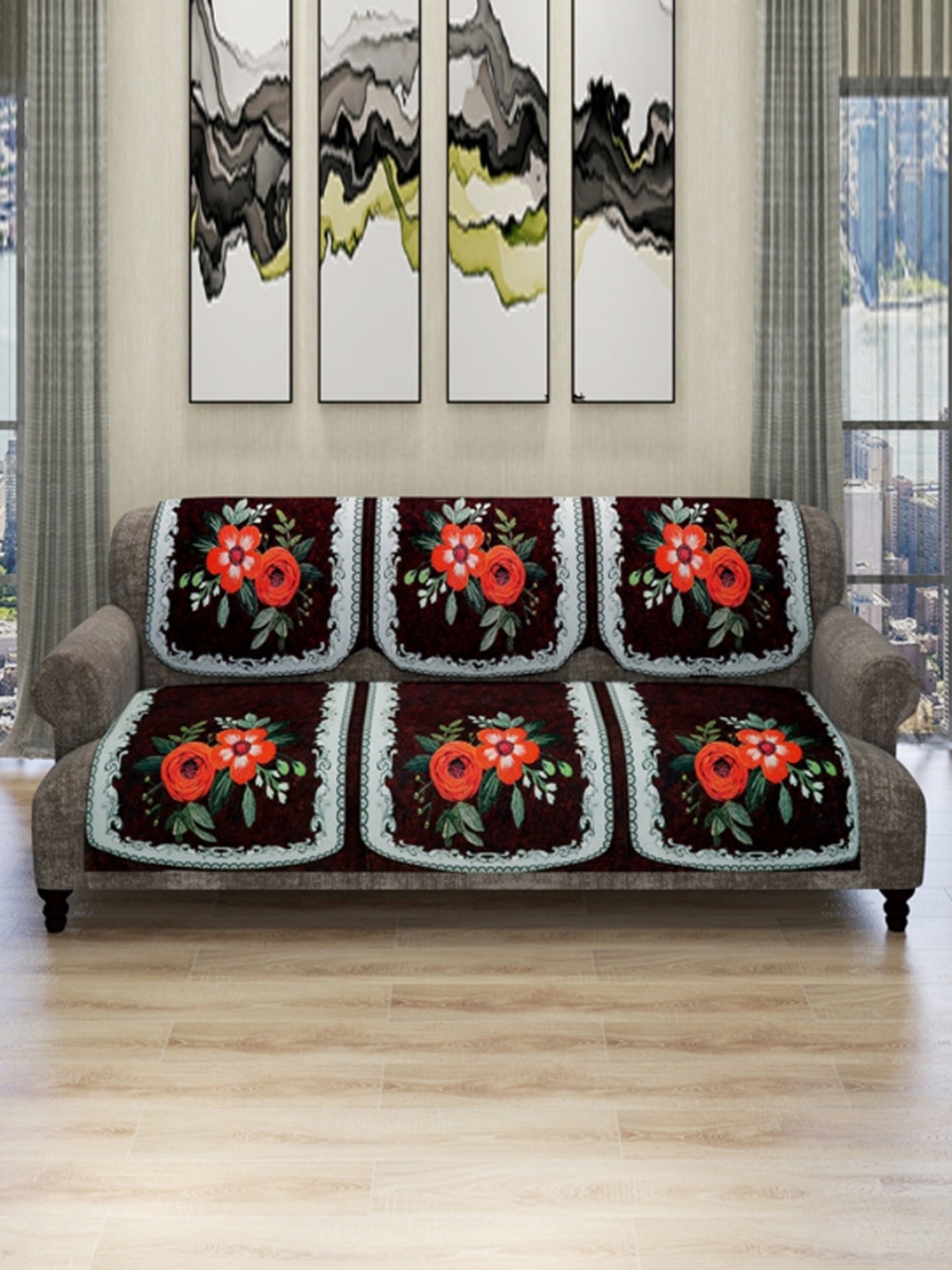 

ROMEE Set Of 6 Purple & Red Floral 5-Seater Soft Polyester Velvet Sofa Cover