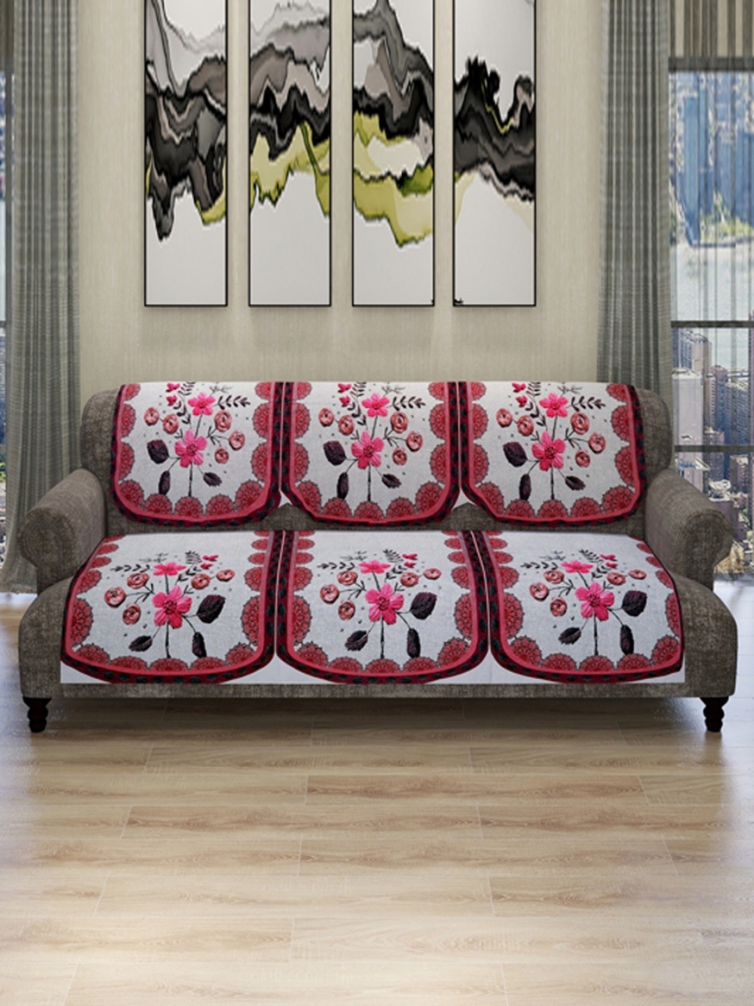 

ROMEE 6 Pieces Grey & Pink Floral Velvet 5-Seater Sofa Cover