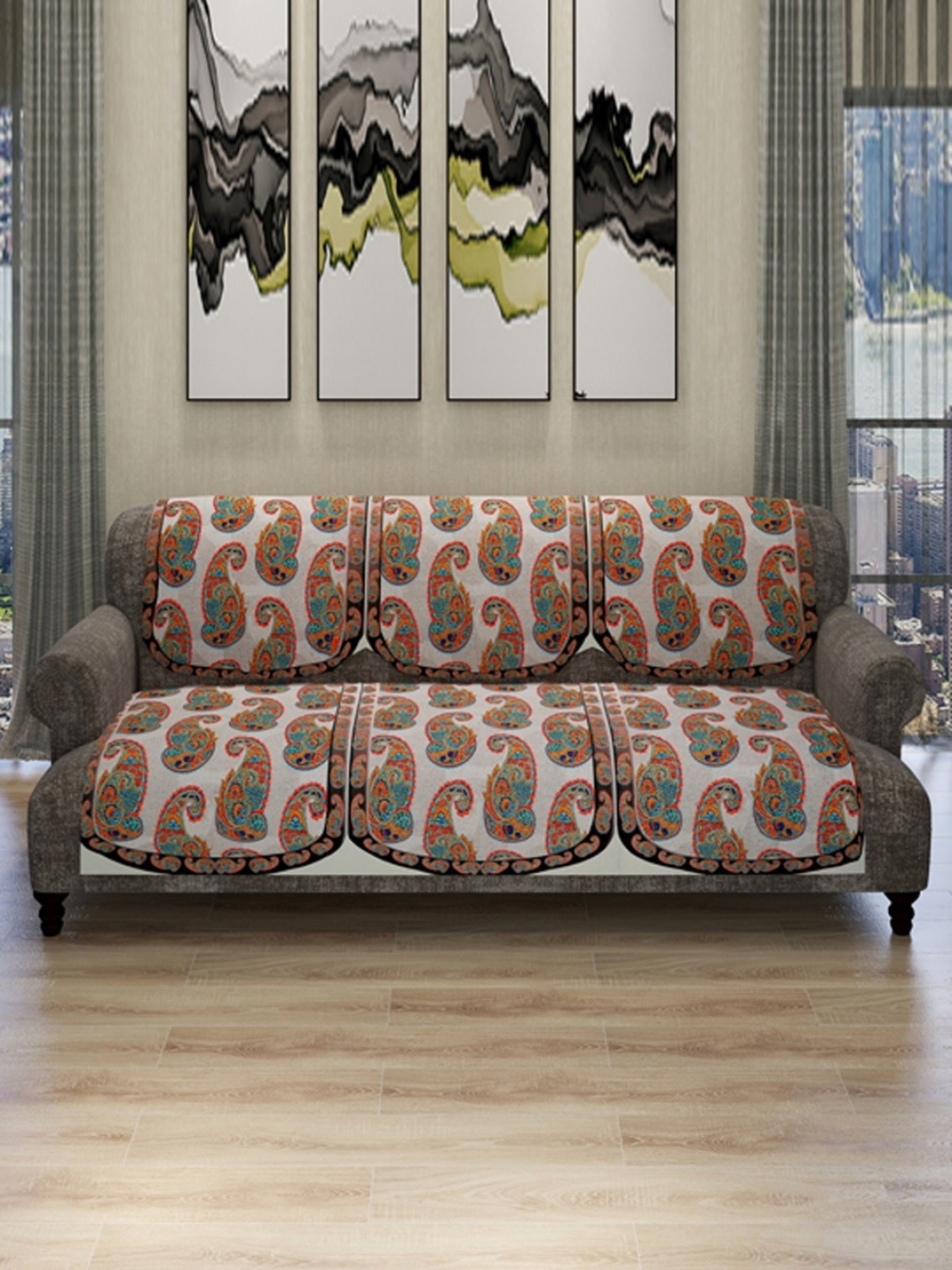 

ROMEE Set Of 6 Beige & Red Ethnic Motifs 5-Seater Soft Polyester Velvet Sofa Cover