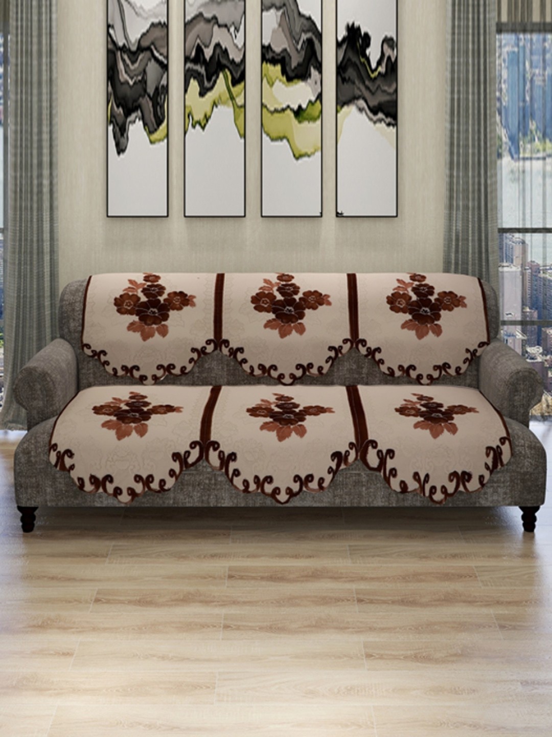 

ROMEE Set Of 6 Cream-Coloured & Brown Floral 5-Seater Soft Polyester Velvet Sofa Cover