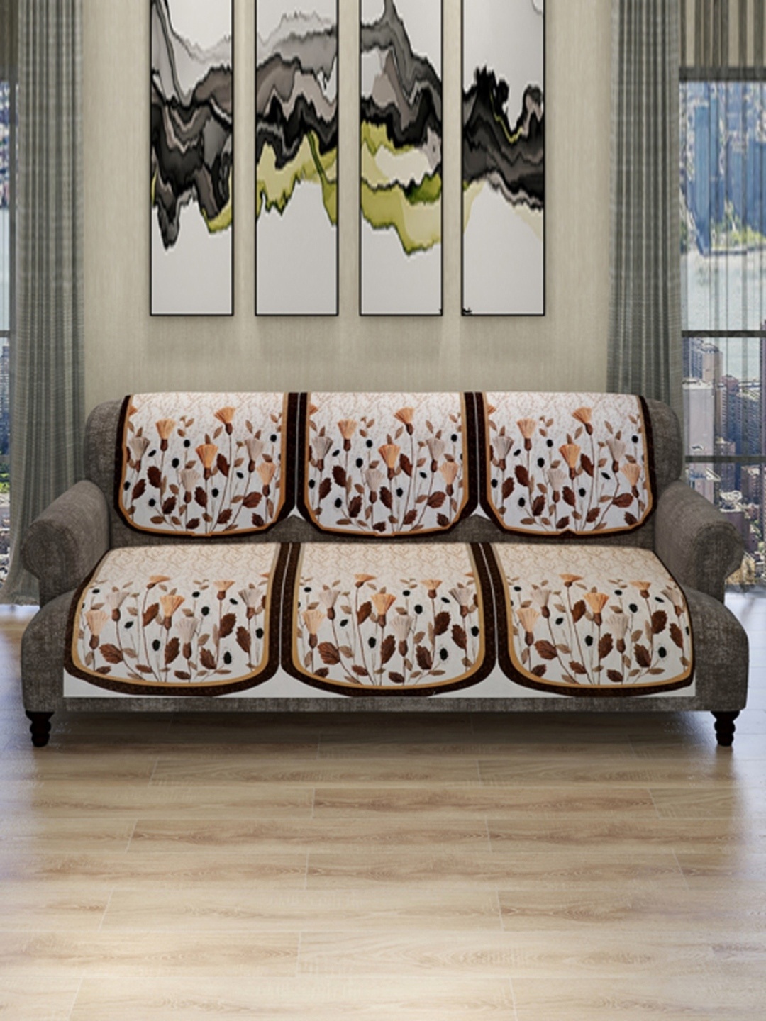 

ROMEE Set Of 6 White & Beige Floral Design 5-Seater Soft Polyester Velvet Sofa Cover