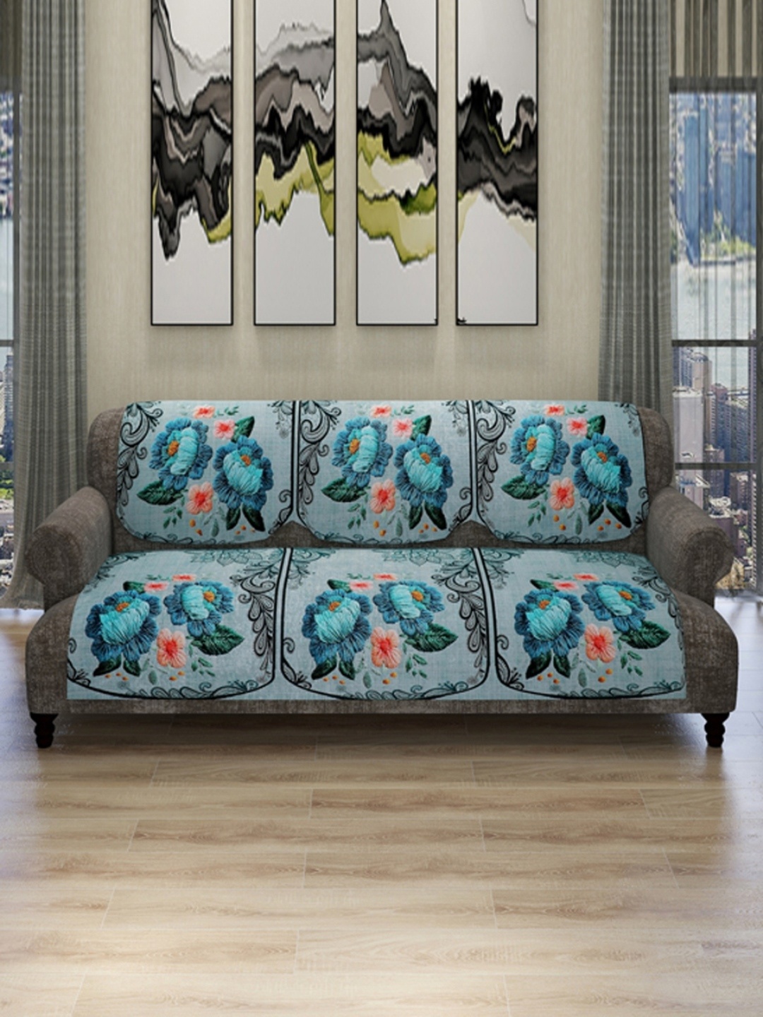 

ROMEE 6 Pieces Green & Off White Floral Printed 5-Seater Sofa Cover