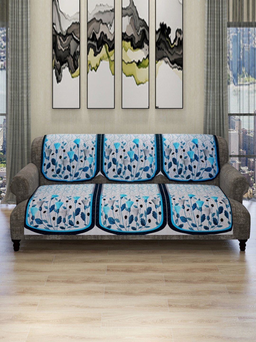 

ROMEE Set Of 6 Blue & White Floral 5-Seater Soft Polyester Velvet Sofa Cover