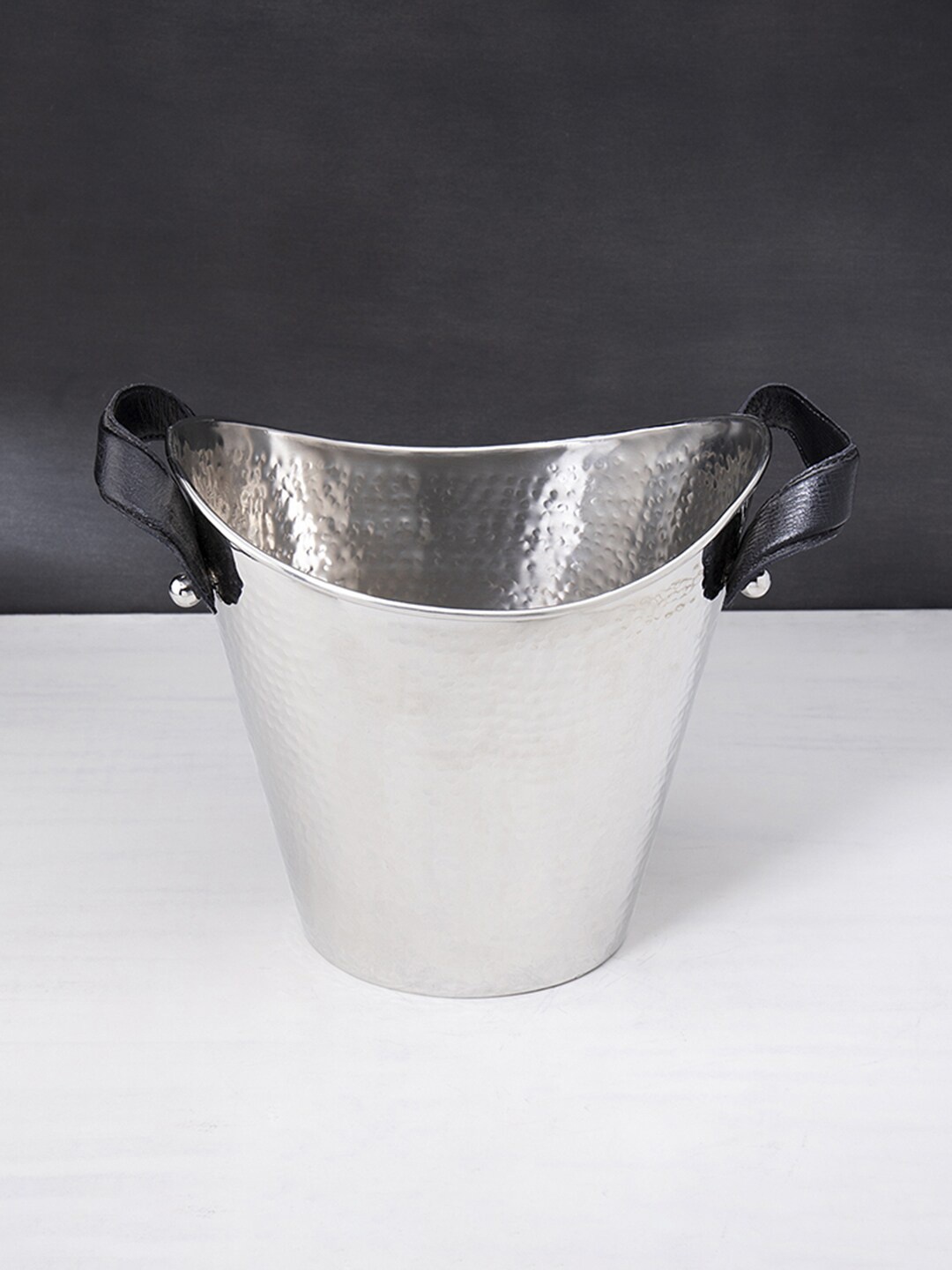 

ellementry Silver-Toned Hammered Metal Wine Cooler With Leather Handles