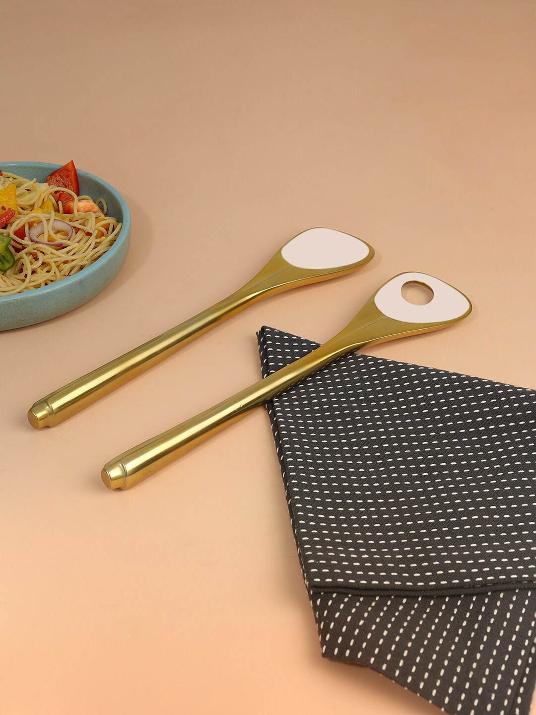 

ellementry Set Of 2 Gold-Toned & White Metal & Enamel Fusion Salad Servers