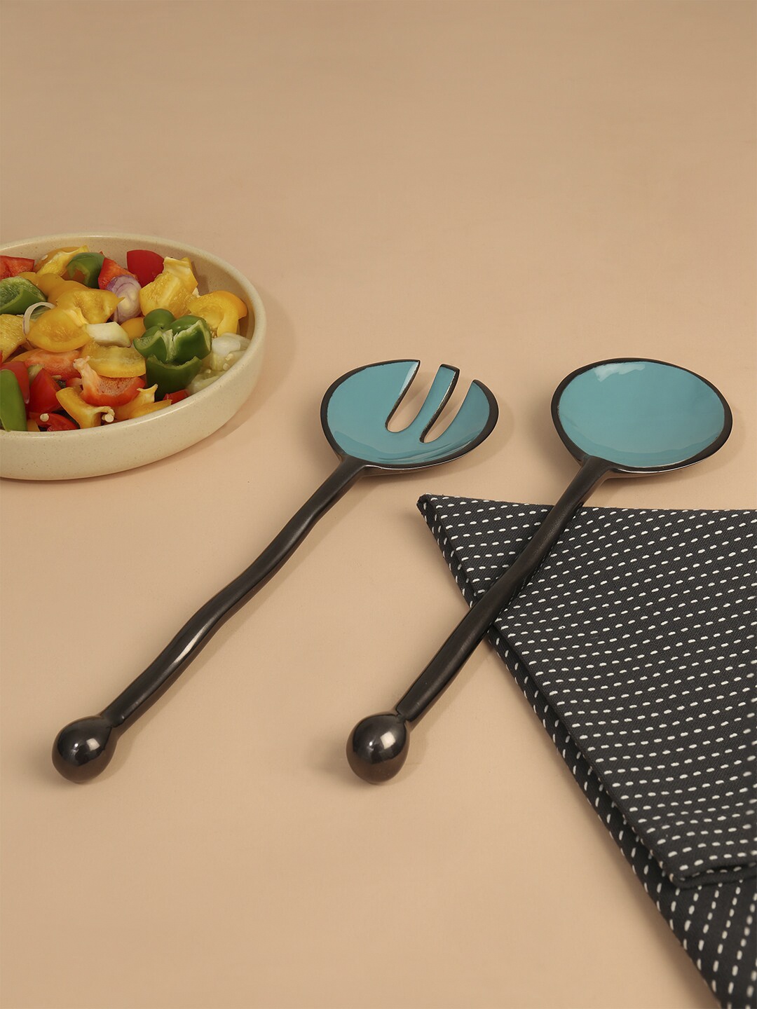 

ellementry Teal Metal And Enamel Fusion Salad Server Set