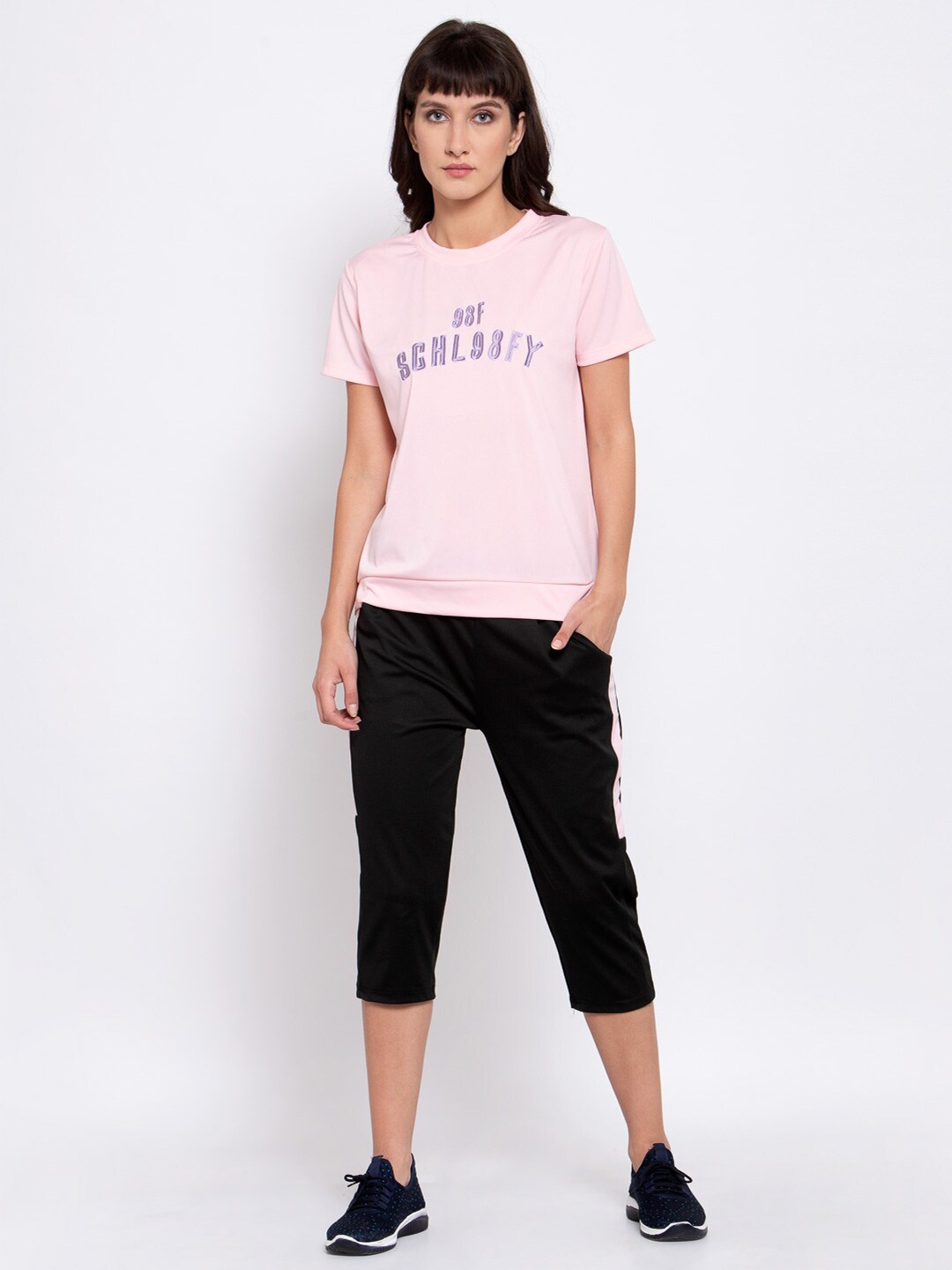 

iki chic Women Pink & Black Printed T-shirt with Capris