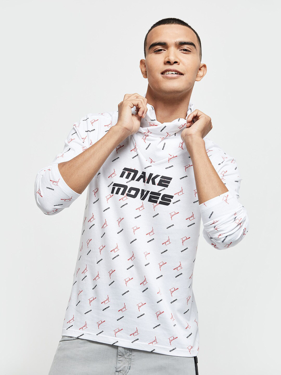 

max Men White & Black Typography Printed High Neck T-shirt