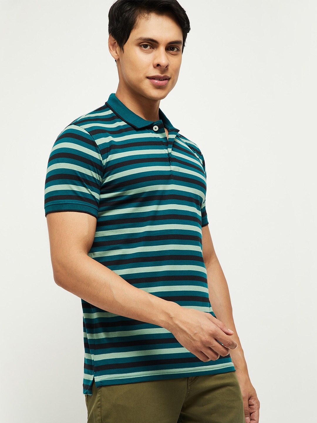 

max Men Teal Striped Polo Collar T-shirt