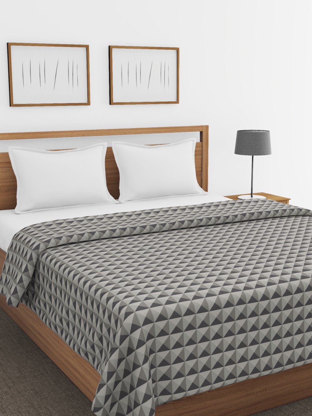 

BIANCA Grey Geometric AC Room 150 GSM Pure Cotton Double Bed Quilt