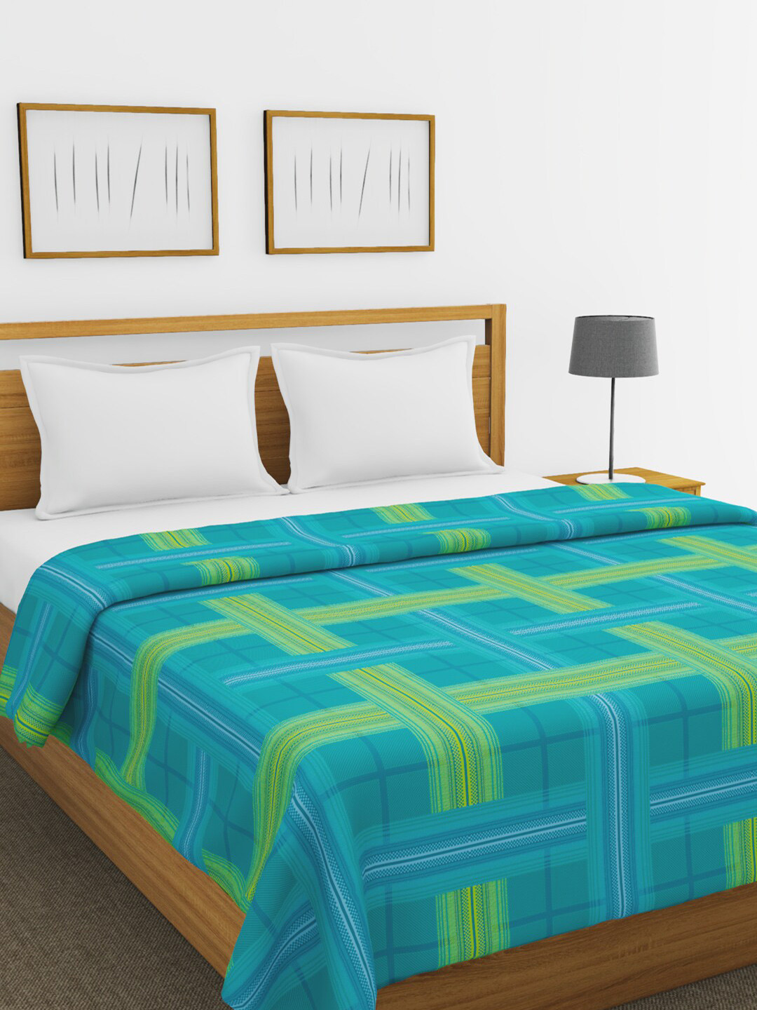 

BIANCA Blue & Green Checked AC Room 150 GSM Pure Cotton Double Bed Quilt
