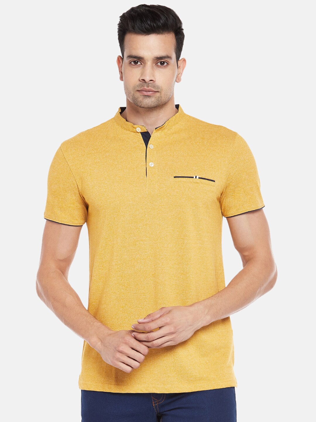 

BYFORD by Pantaloons Men Mustard Yellow Henley Neck Pockets Slim Fit T-shirt