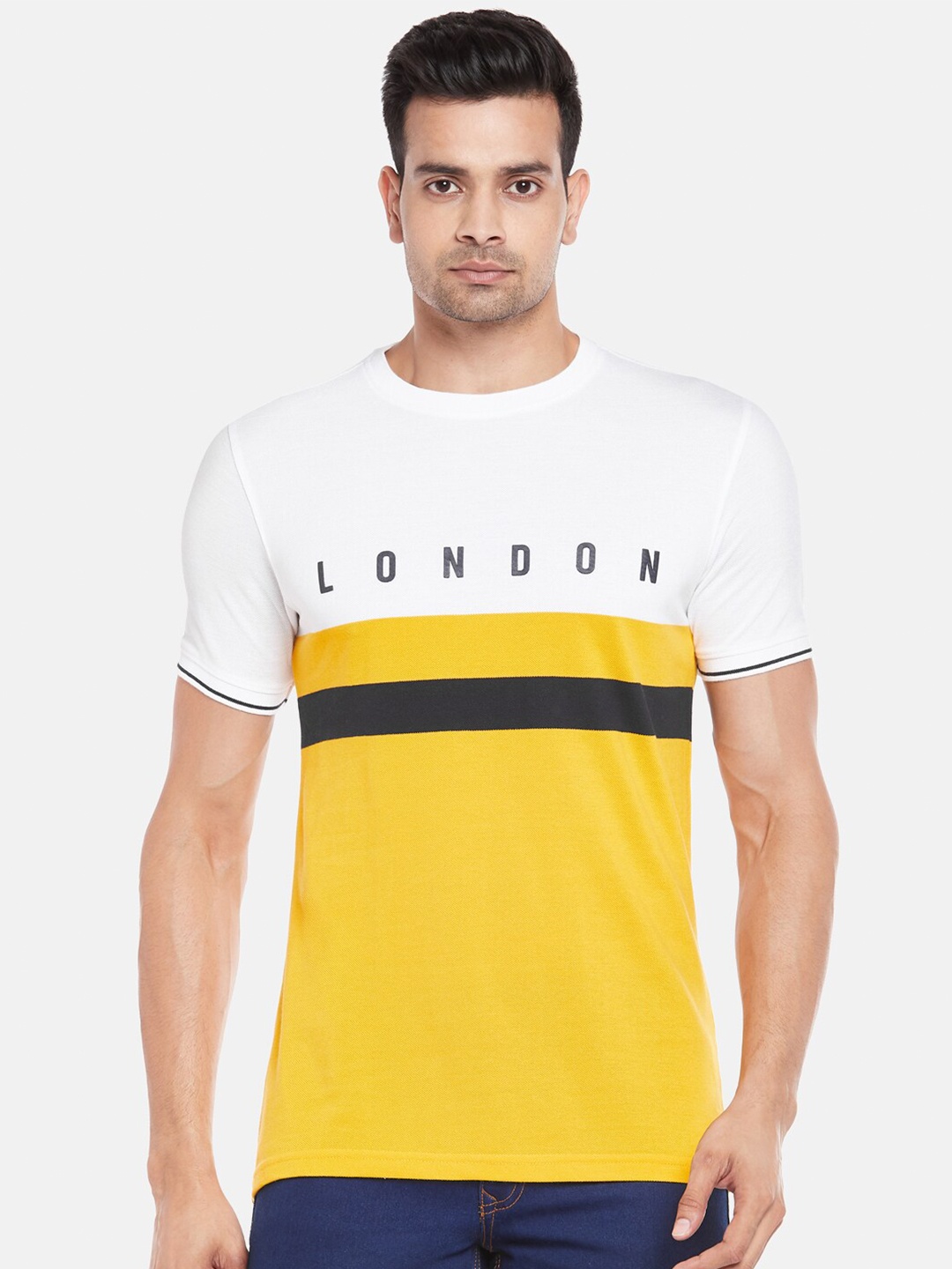 

BYFORD by Pantaloons Men Yellow & White Colourblocked Slim Fit T-shirt