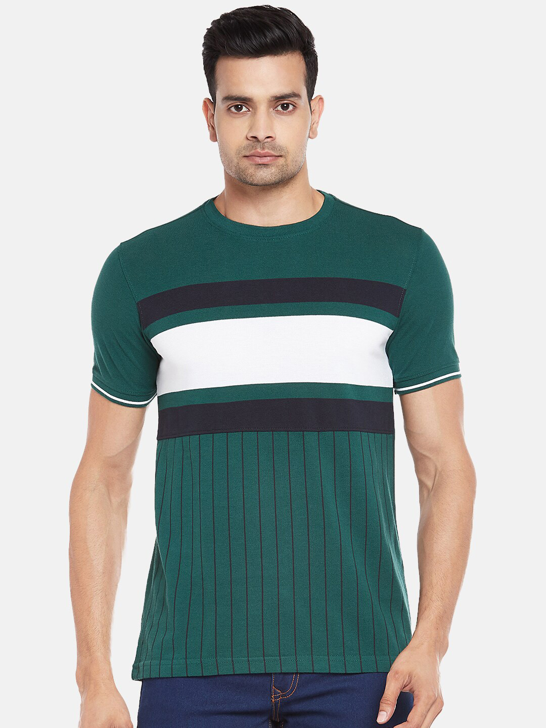 

BYFORD by Pantaloons Men Green & White Colourblocked Slim Fit T-shirt