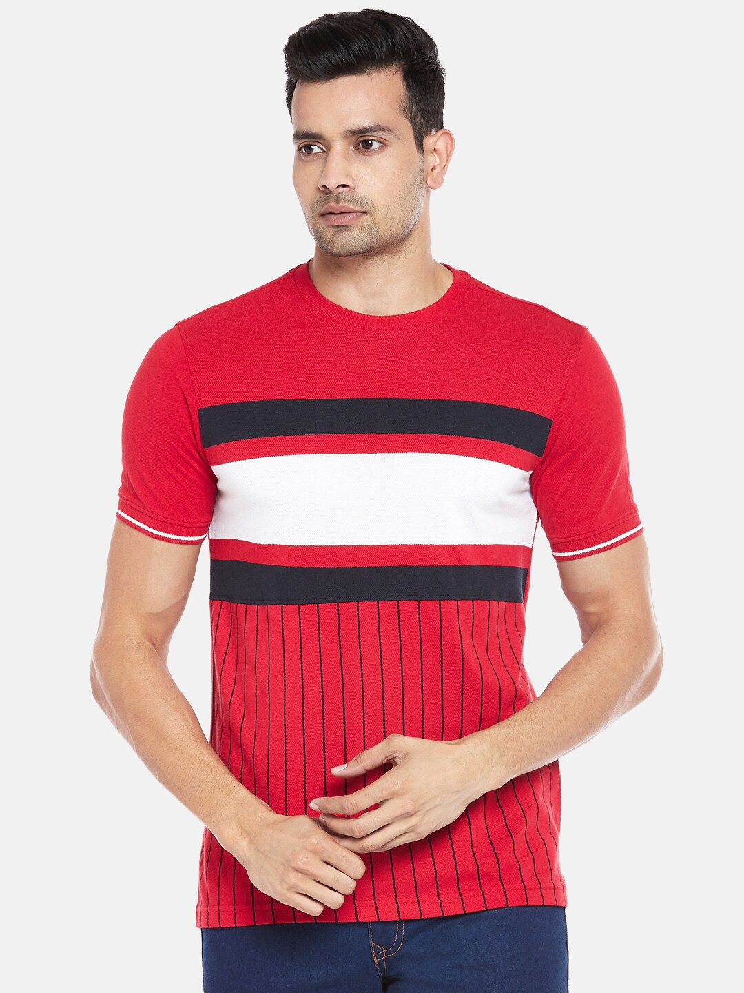 

BYFORD by Pantaloons Men Red & White Colourblocked Slim Fit T-shirt