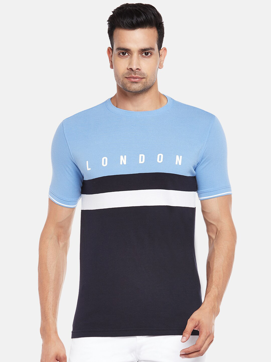 

BYFORD by Pantaloons Men Blue & White Colourblocked Slim Fit T-shirt