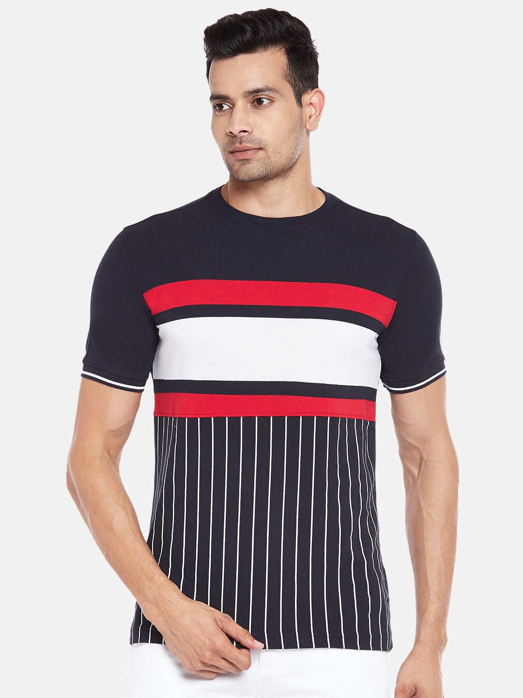 

BYFORD by Pantaloons Men Navy Blue & White Striped Slim Fit T-shirt