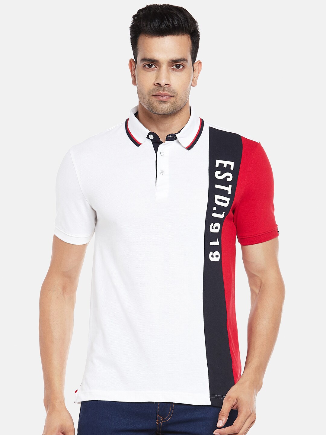 

BYFORD by Pantaloons Men White & Red Colourblocked Polo Collar Slim Fit T-shirt