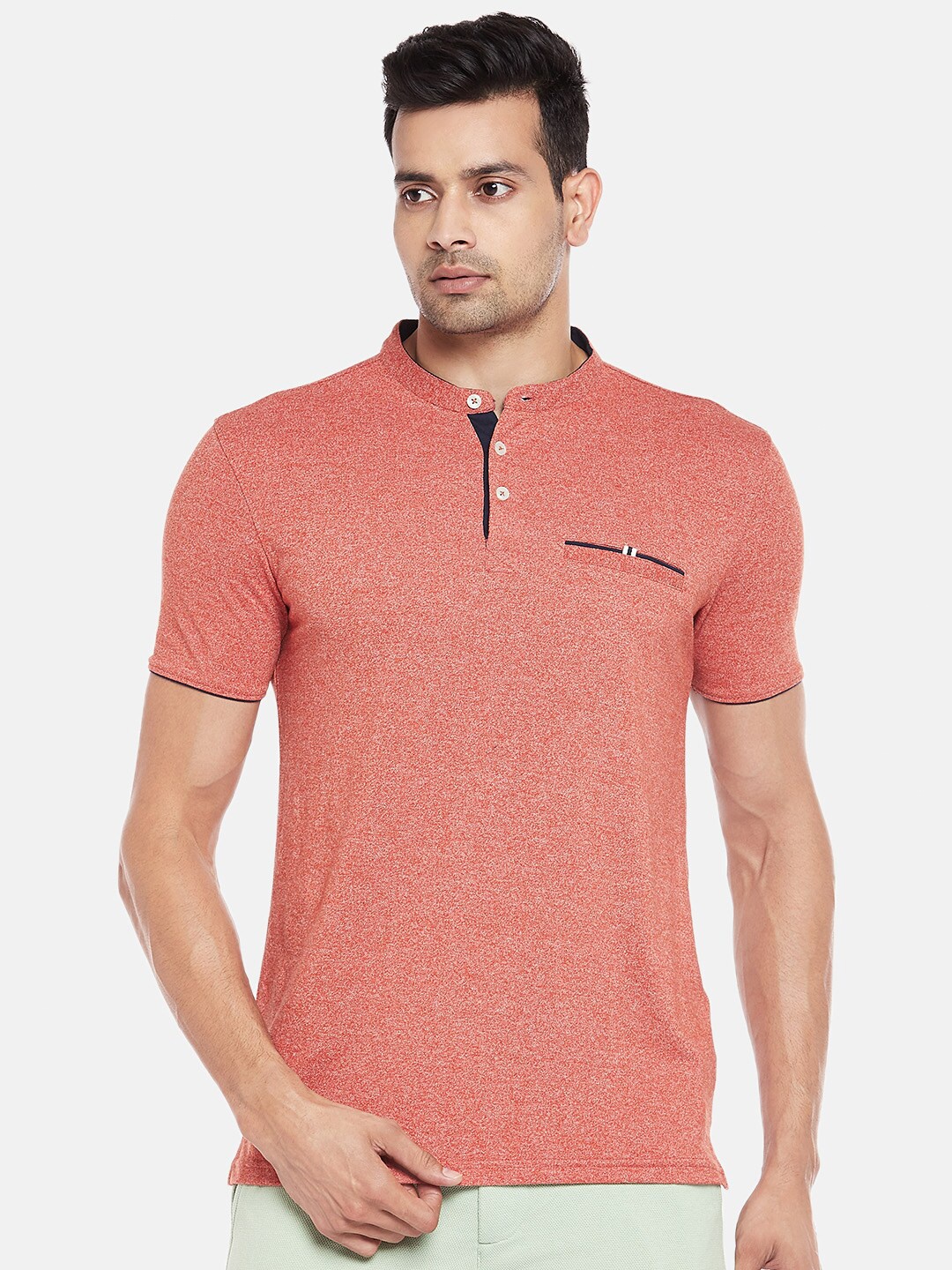 

BYFORD by Pantaloons Men Orange Solid Henley Neck Slim Fit T-shirt
