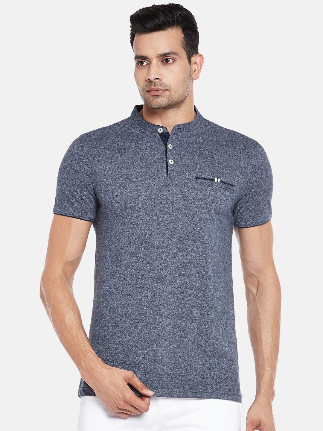 

BYFORD by Pantaloons Men Navy Blue Polo Collar Pockets Slim Fit T-shirt