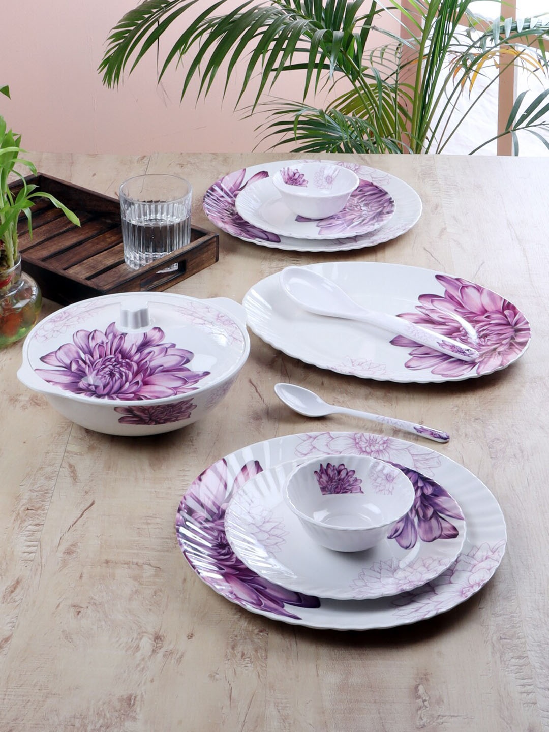 

CDI 40 Pcs White & Purple Pieces Printed Melamine Glossy Dinner Set