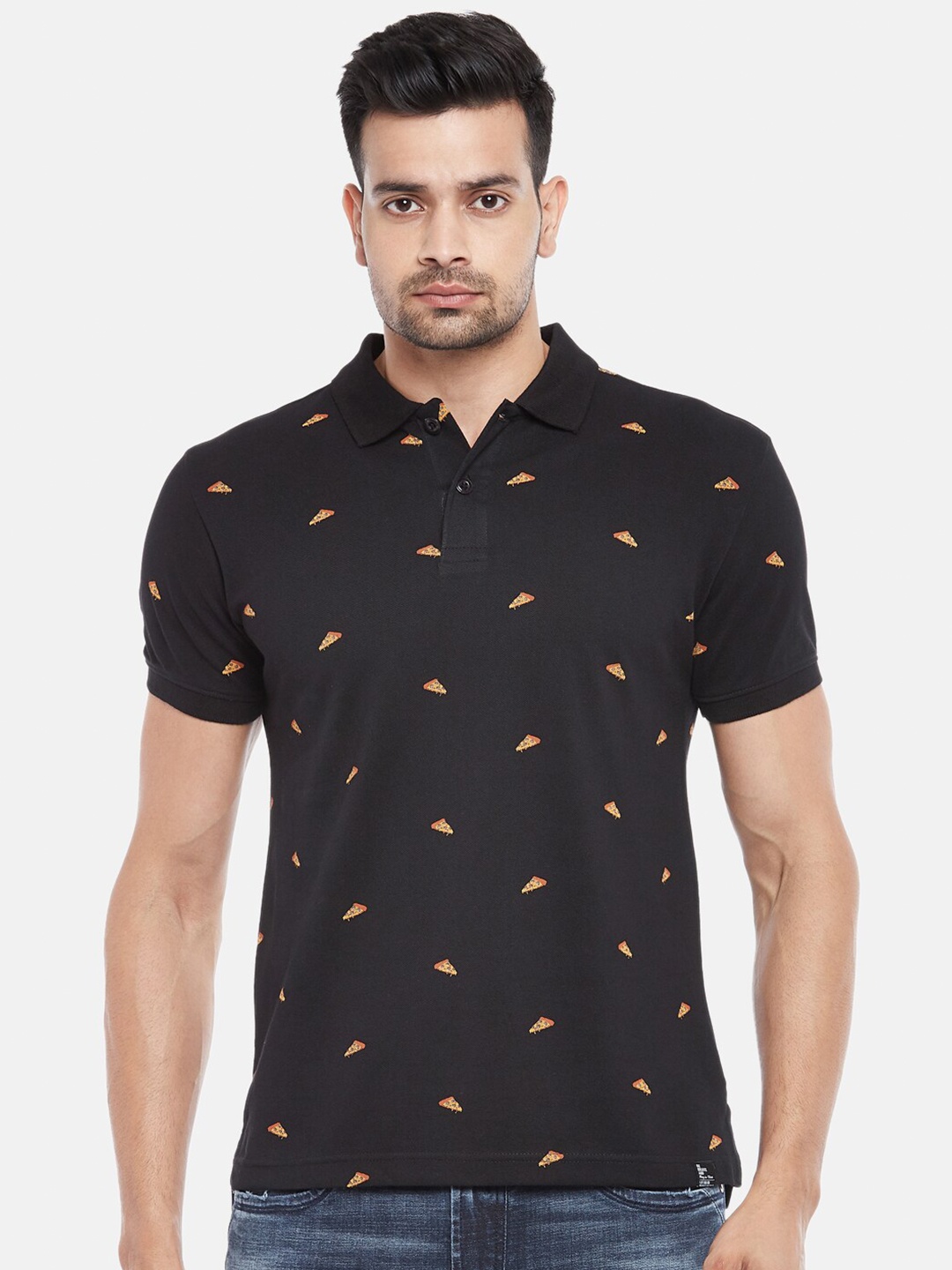 

People Men Black Printed Polo Collar T-shirt