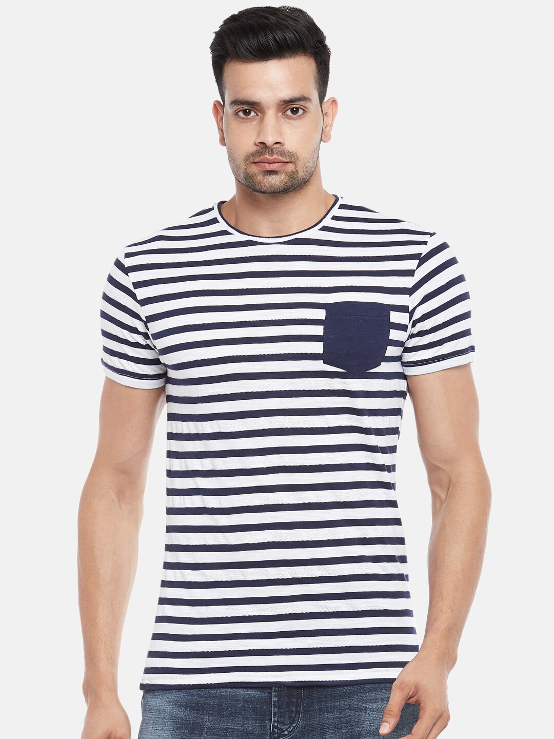 

People Men Navy Blue & White Pure Cotton Striped Pockets T-shirt