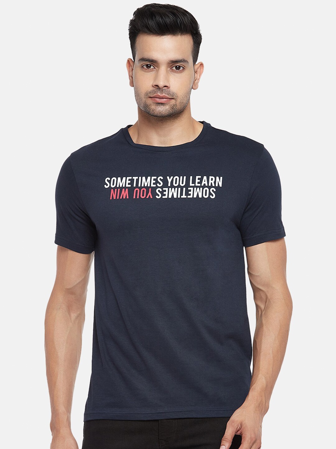 

People Men Navy Blue Pure Cotton Typography Printed T-shirt