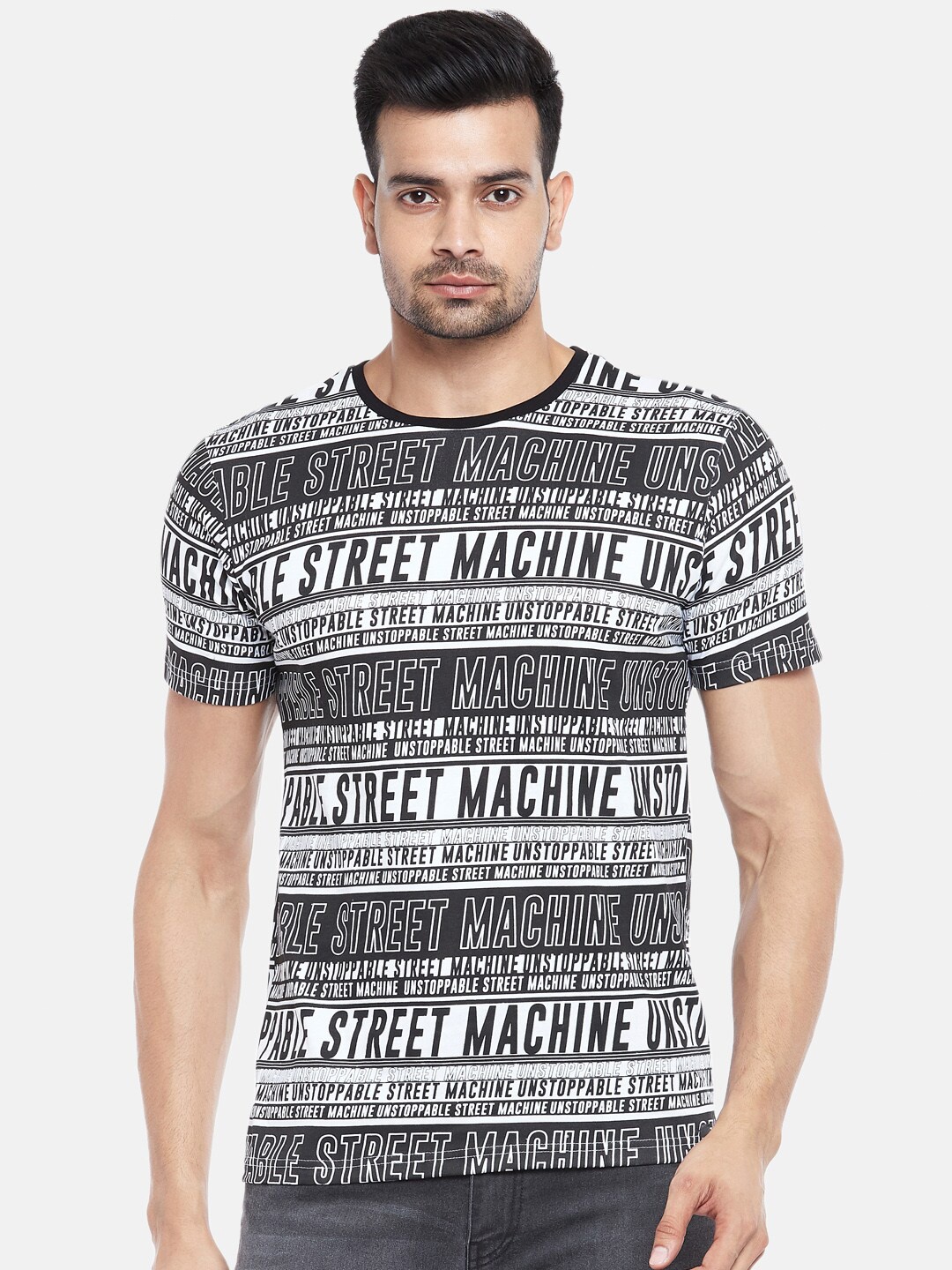 

People Men Black & White Pure Cotton Printed T-shirt