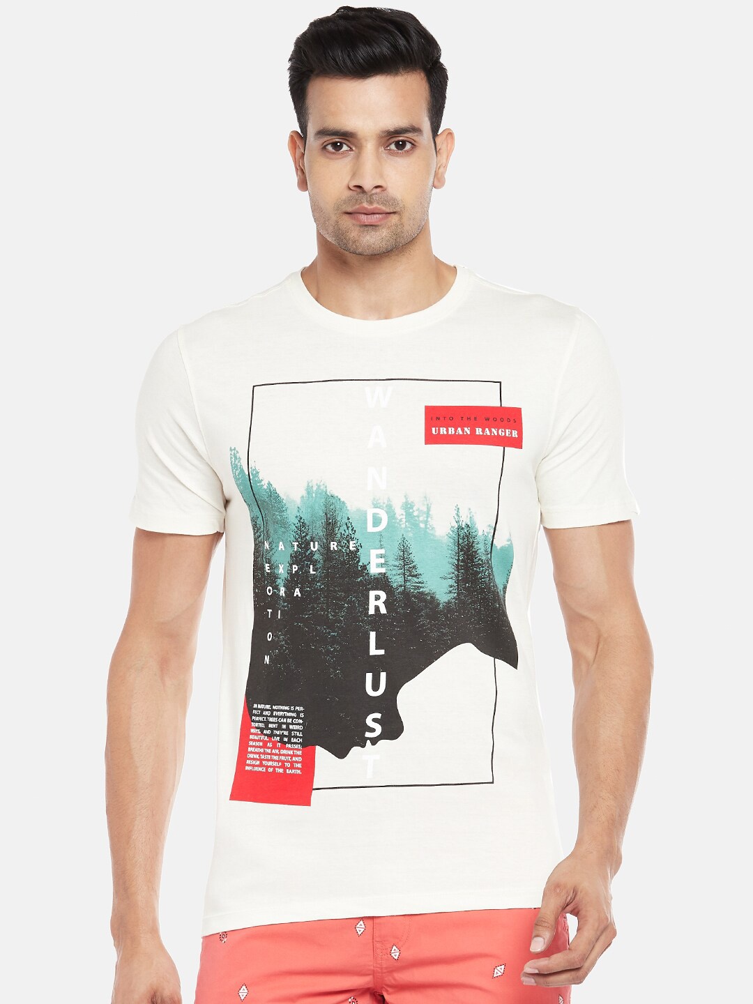 

Urban Ranger by pantaloons Men Cream-Coloured Printed Pockets Slim Fit T-shirt