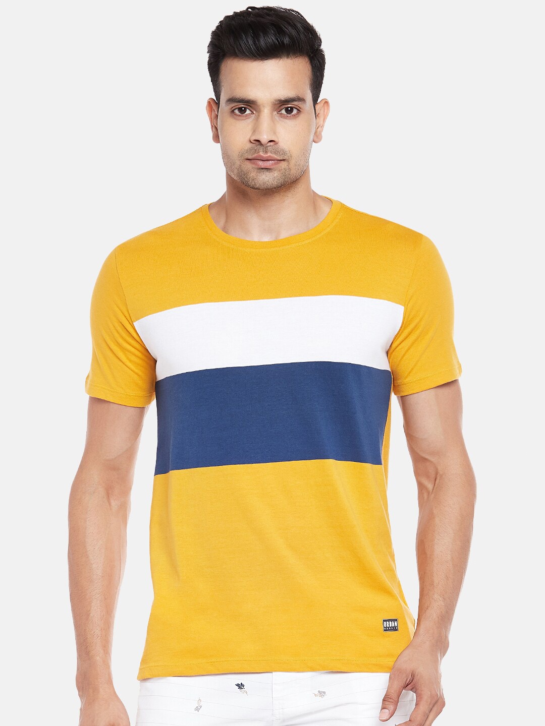 

Urban Ranger by pantaloons Men Mustard Yellow & Blue Colourblocked Slim Fit T-shirt